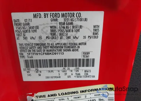 2011 Ford F-150 Fx2 z USA, uszkodzony, nr VIN 1FTFW1CF6BKD91113